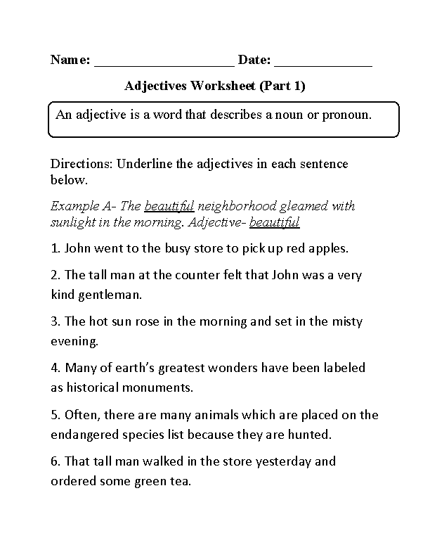 Underlining Adjectives Worksheet