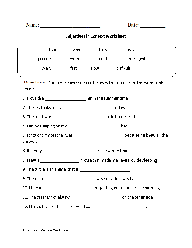 Adjectives in Context Worksheet