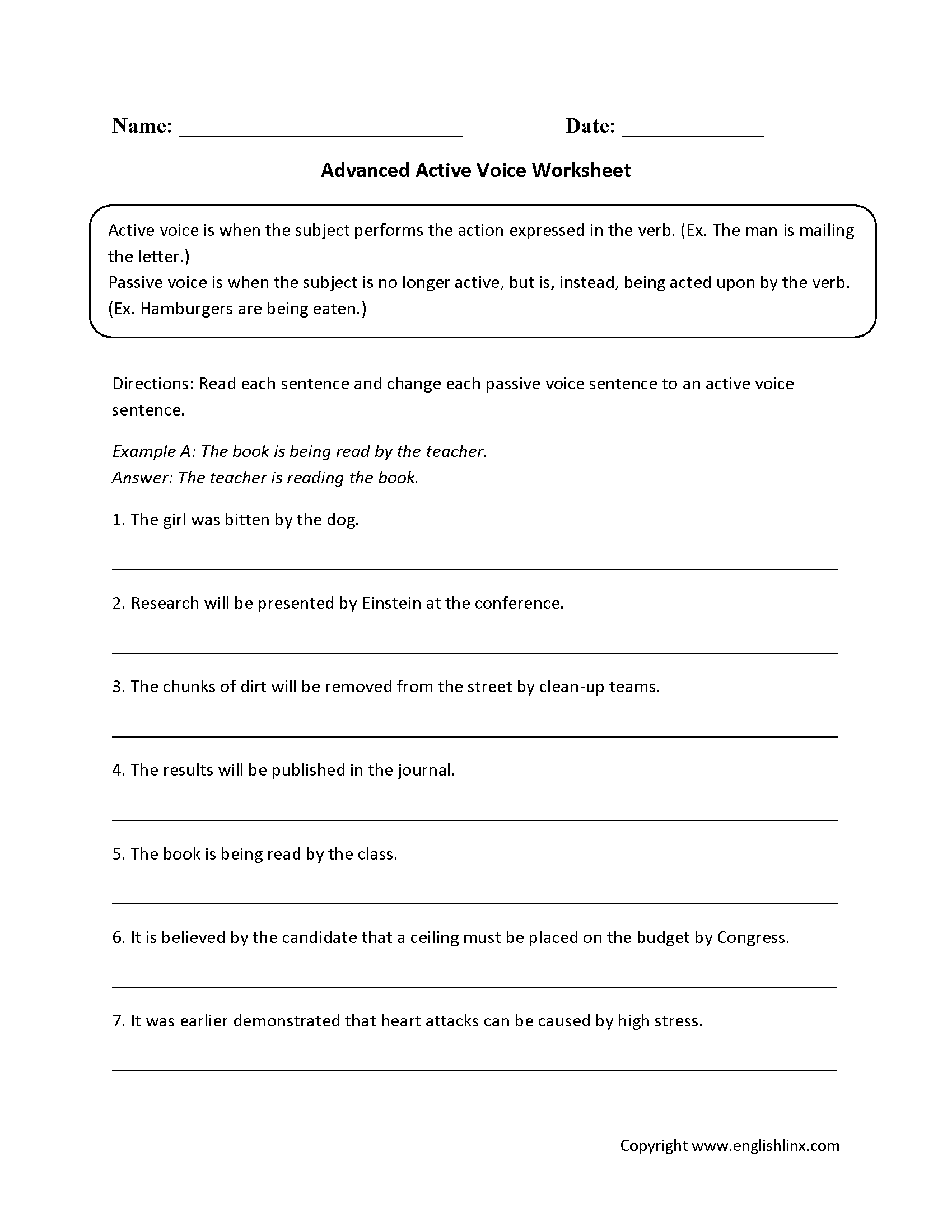 Advanced Active Voice Worksheets