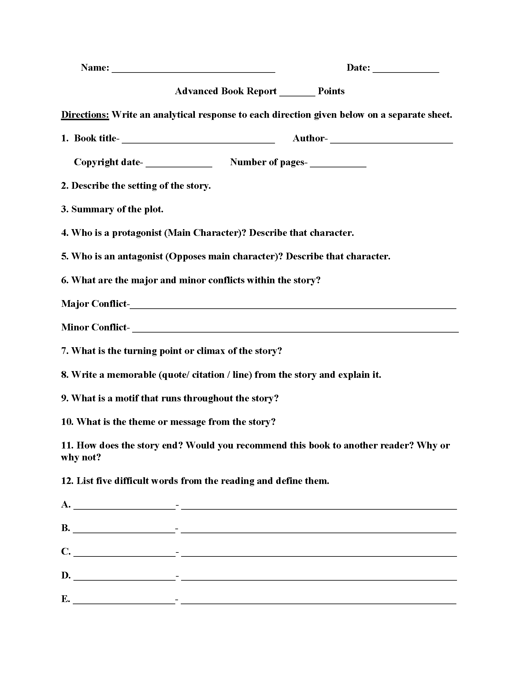 Outline for a book report 5th grade