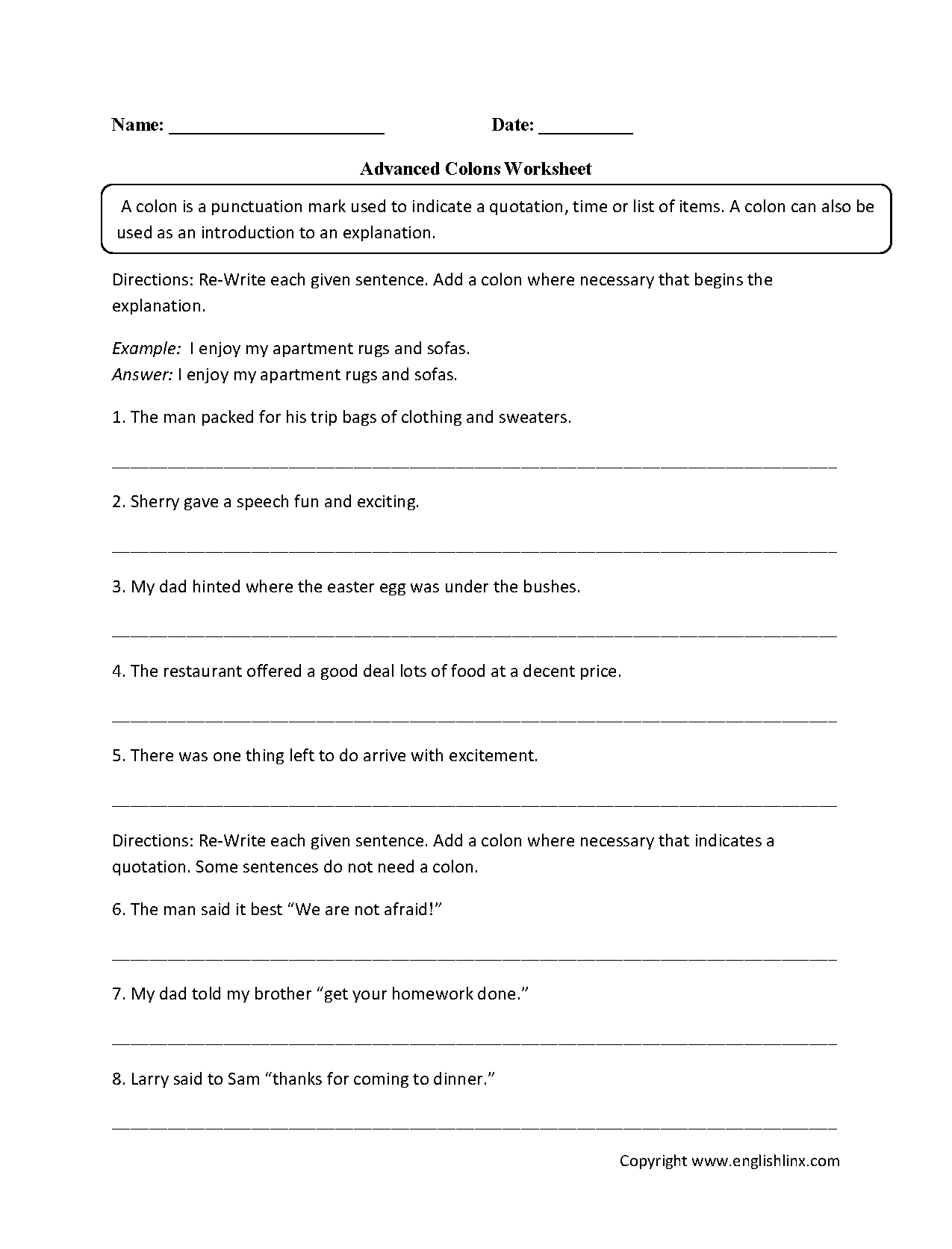 Punctuation Worksheets | Colon Worksheets