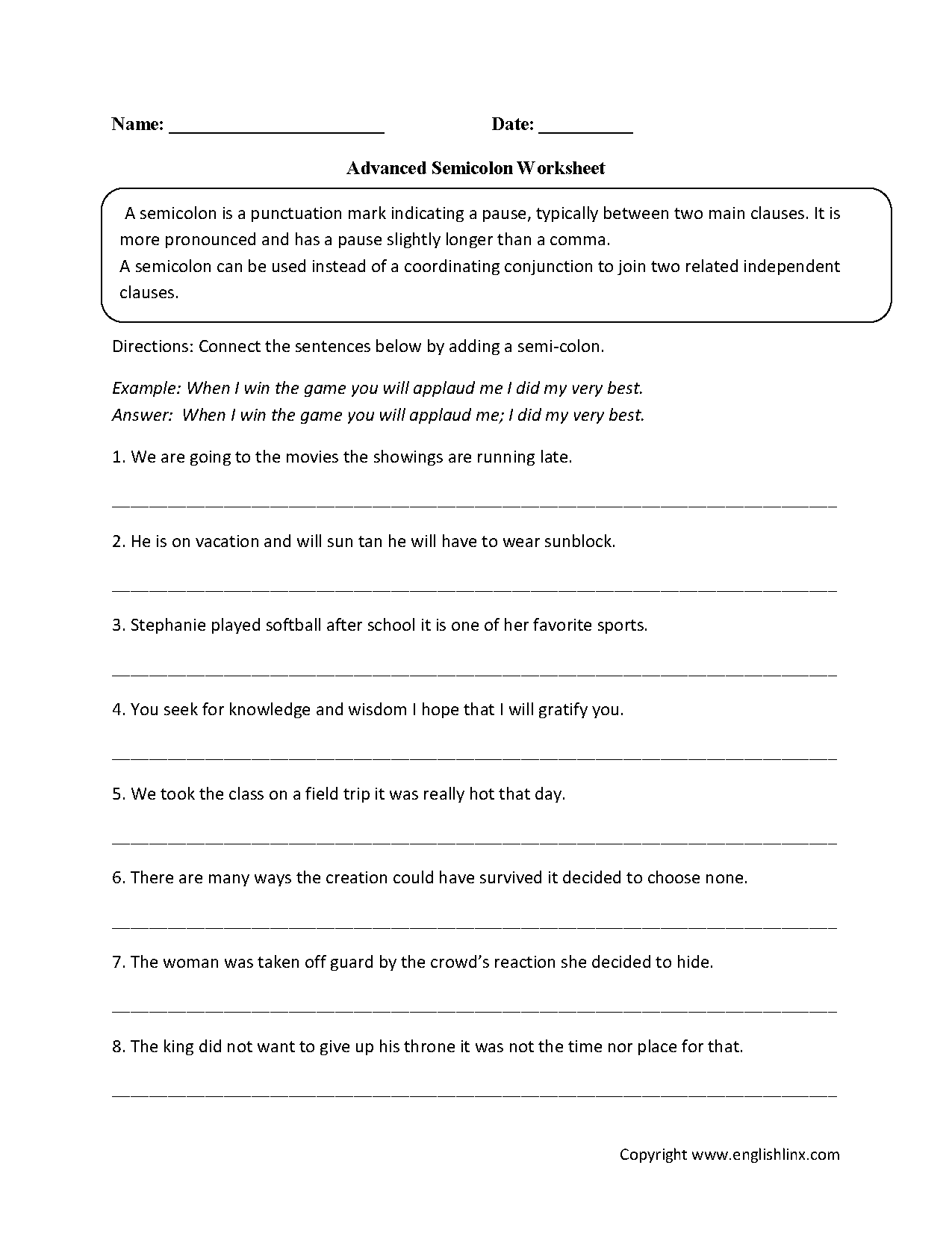Advanced Semicolon Worksheets