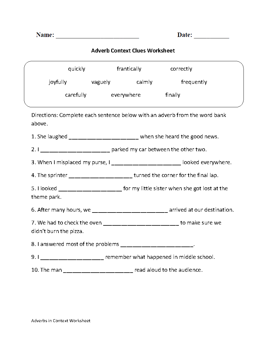 Adverb Context Clues Worksheet