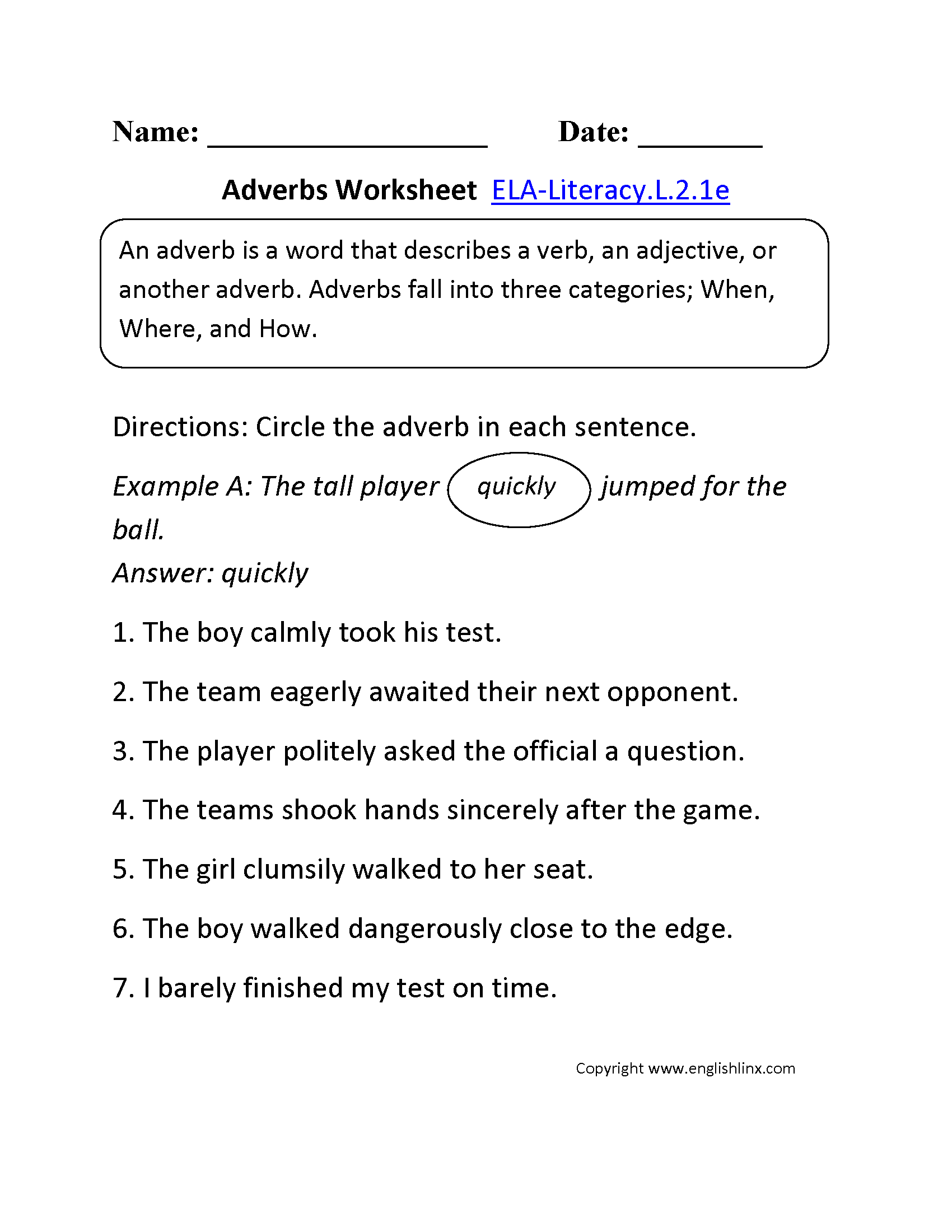 Adverbs Worksheet 1 ELA-Literacy.L.2.1e Language Worksheet