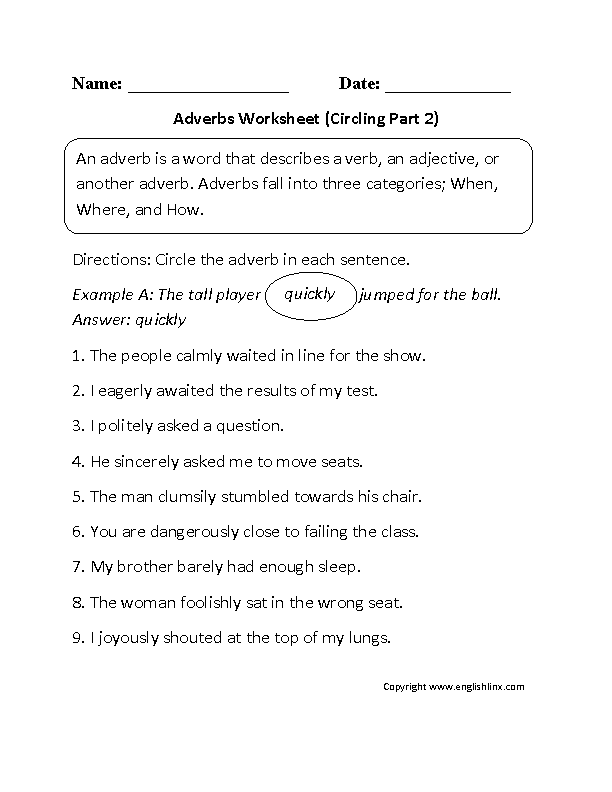 Circling Adverbs Worksheet Part 2