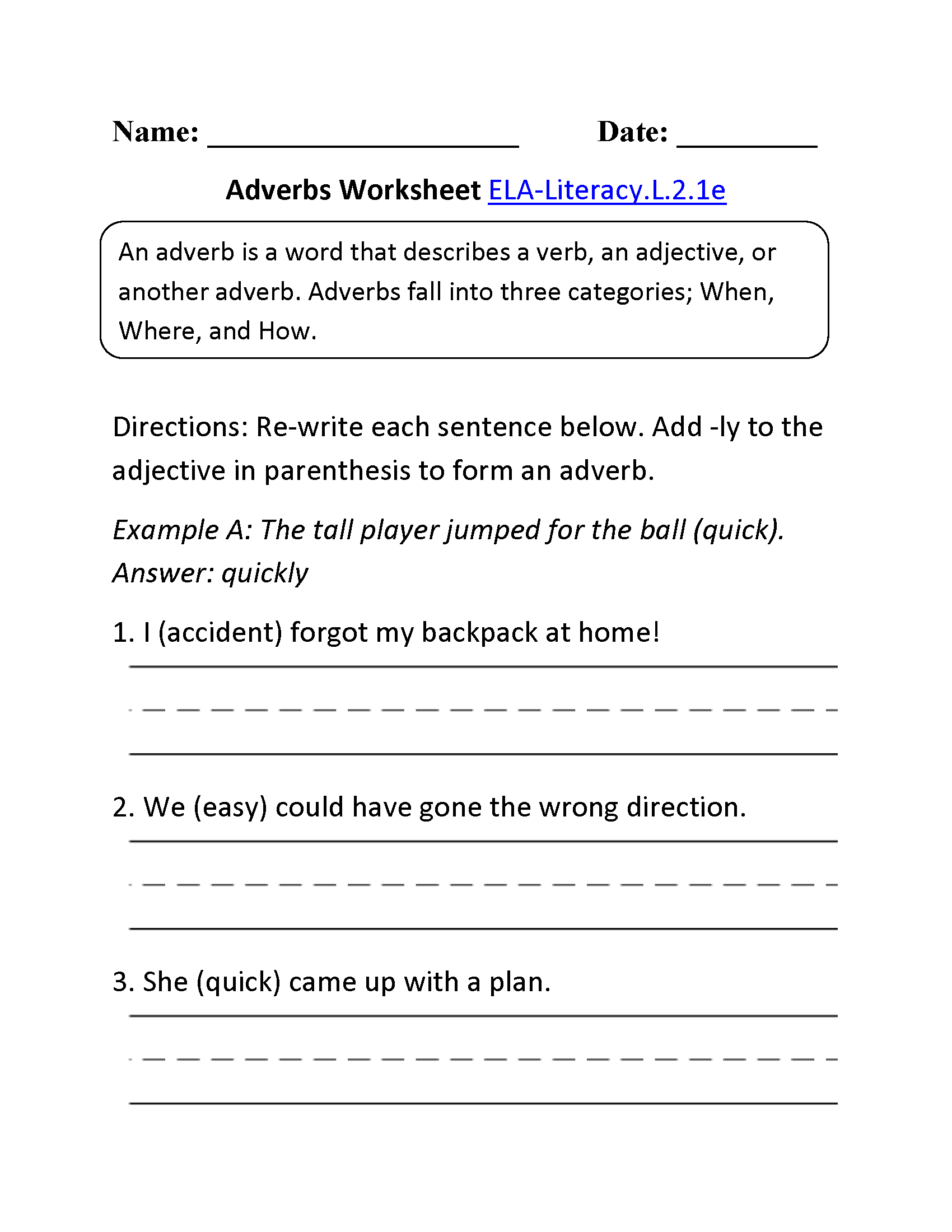 Adverbs Worksheet 2 ELA-Literacy.L.2.1e Language Worksheet