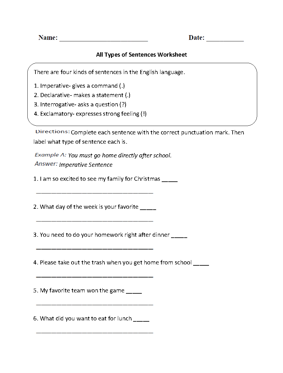 Identifying Sentence Types Worksheet Works