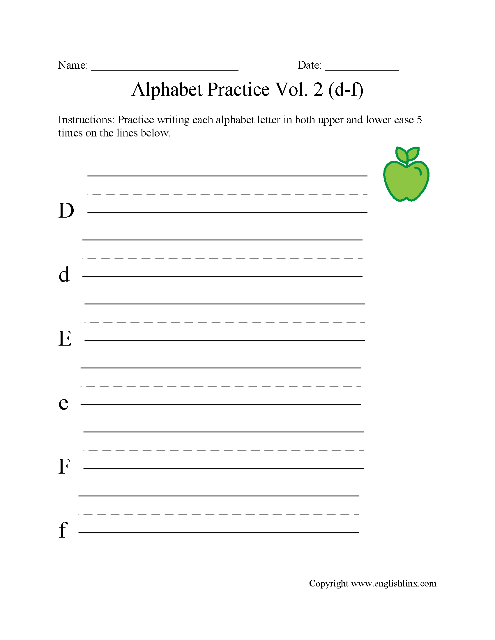D to F Writing Alphabet Worksheet