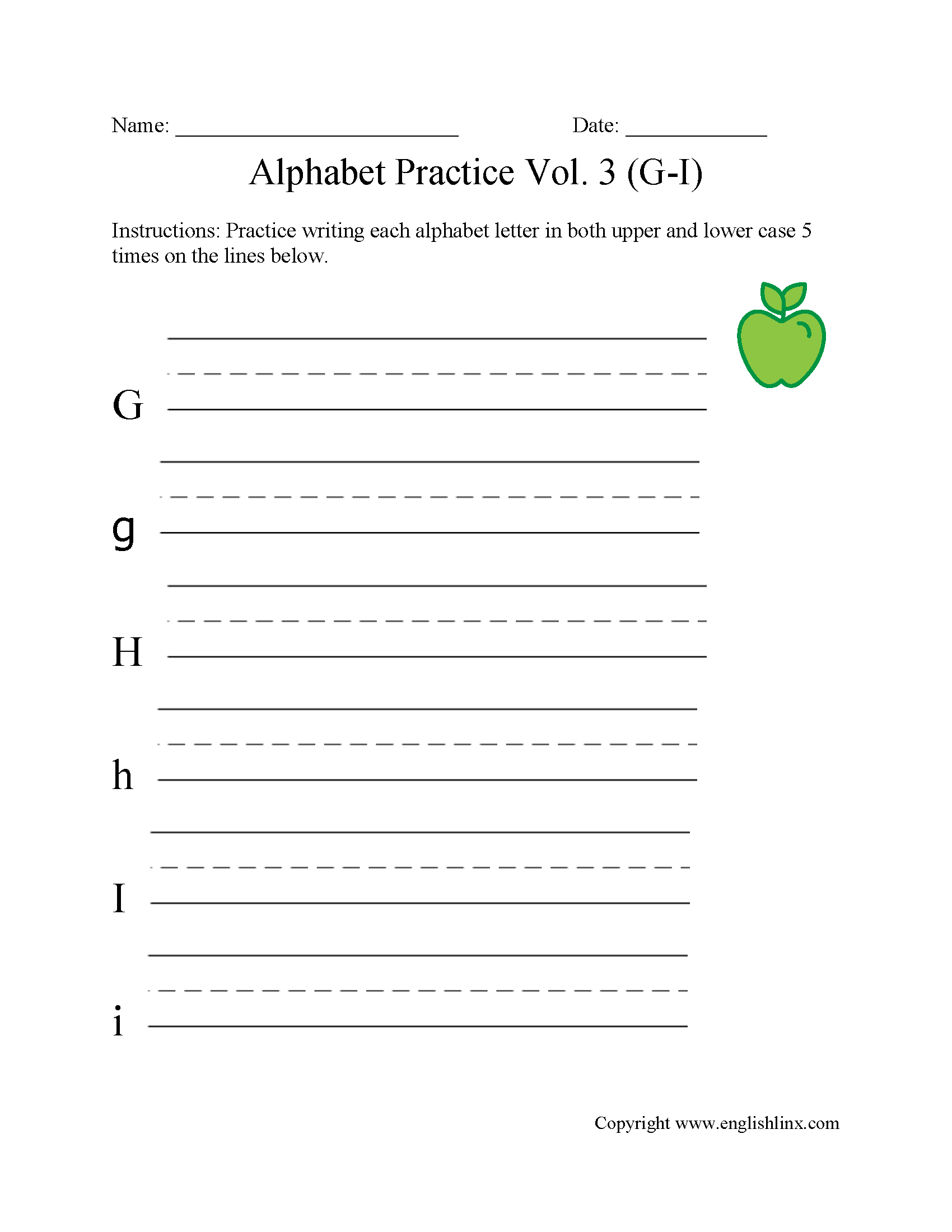 G to I Writing Alphabet Worksheet