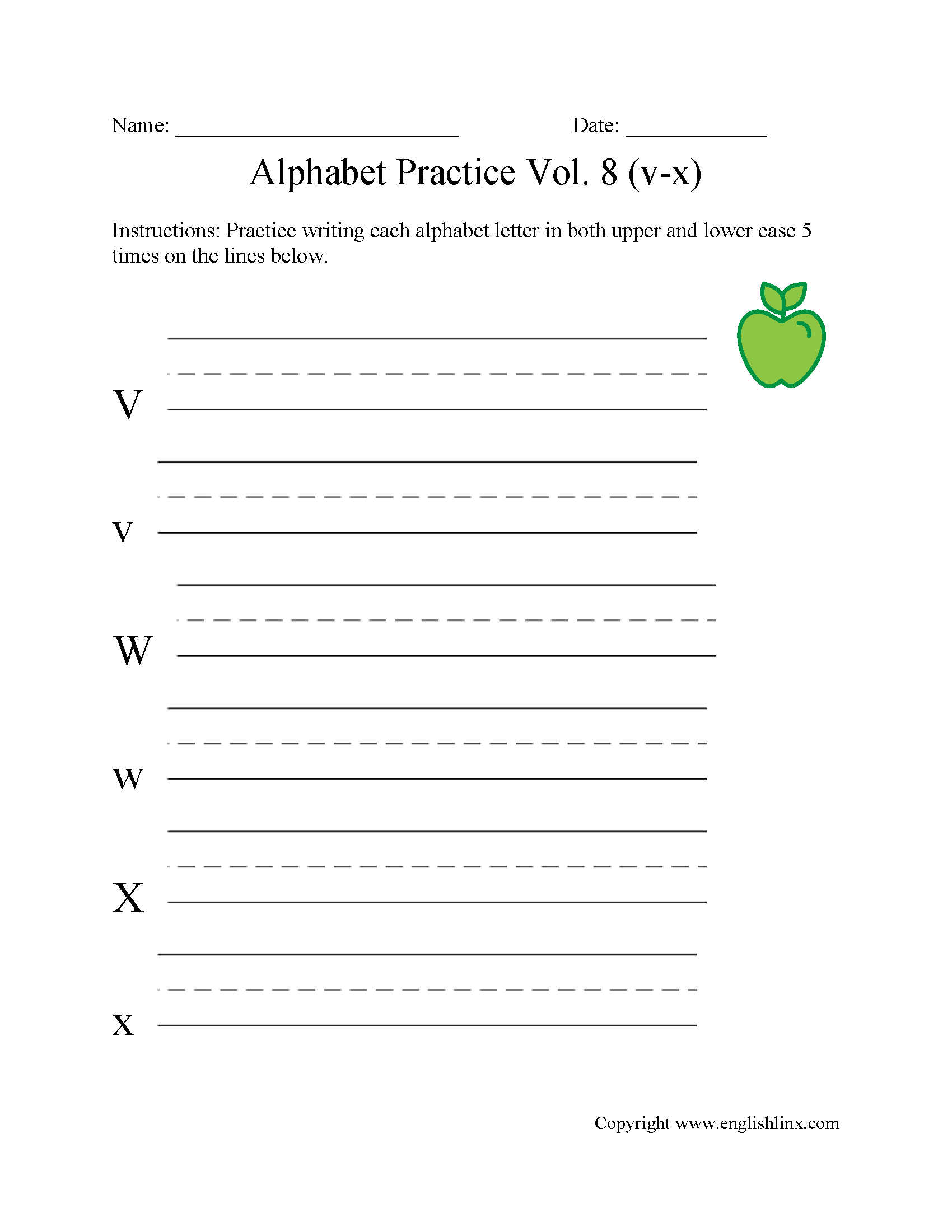 V to X Writing Alphabet Worksheet