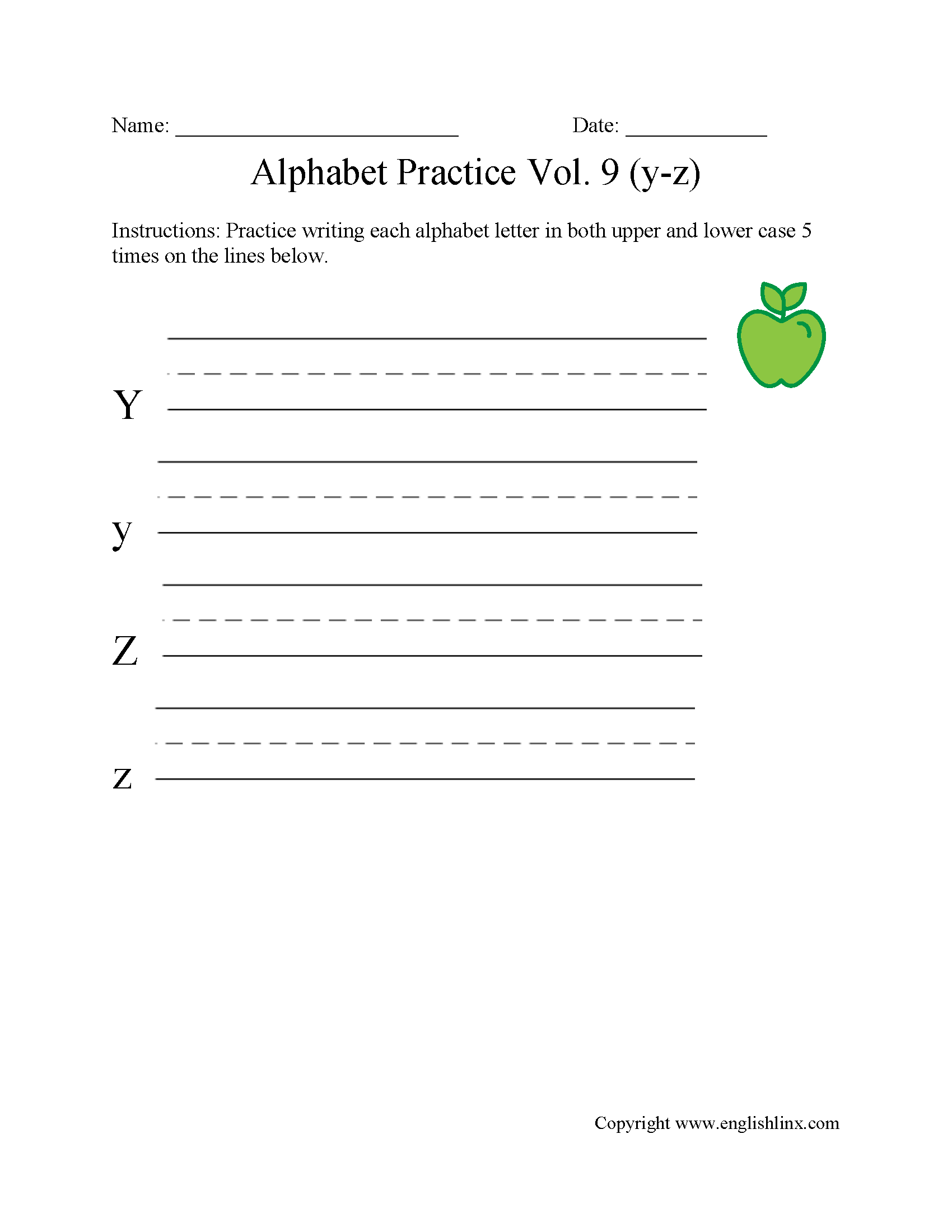 Y to Z Writing Alphabet Worksheet