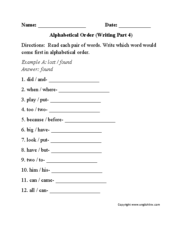 Alphabetical Order Worksheet Writing Part 4 Beginner
