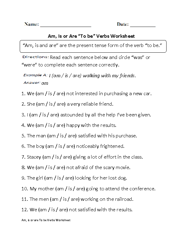 Am, is or are To be Verbs Worksheet