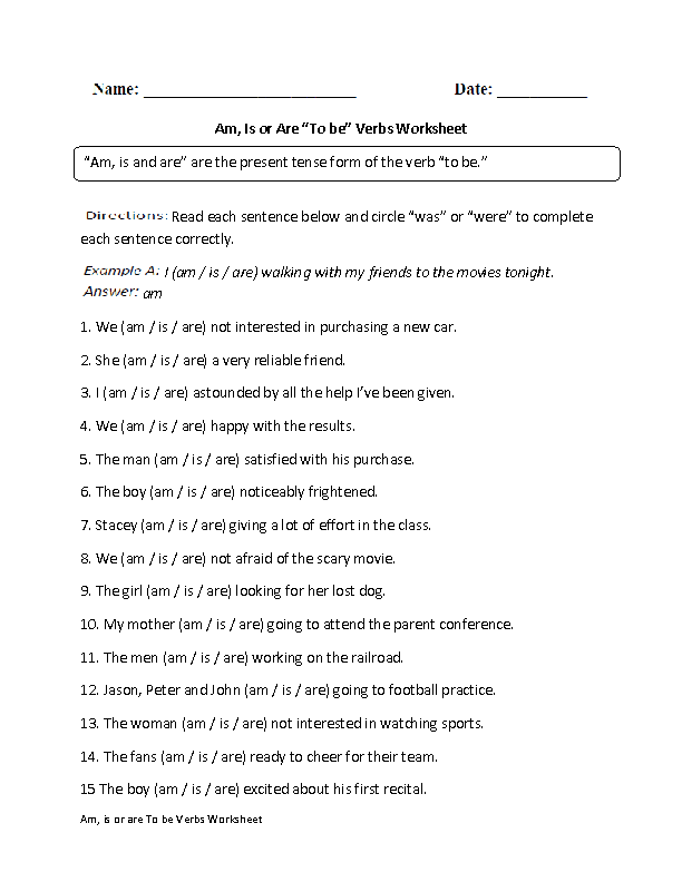 Am, is and are To be Verbs Worksheet