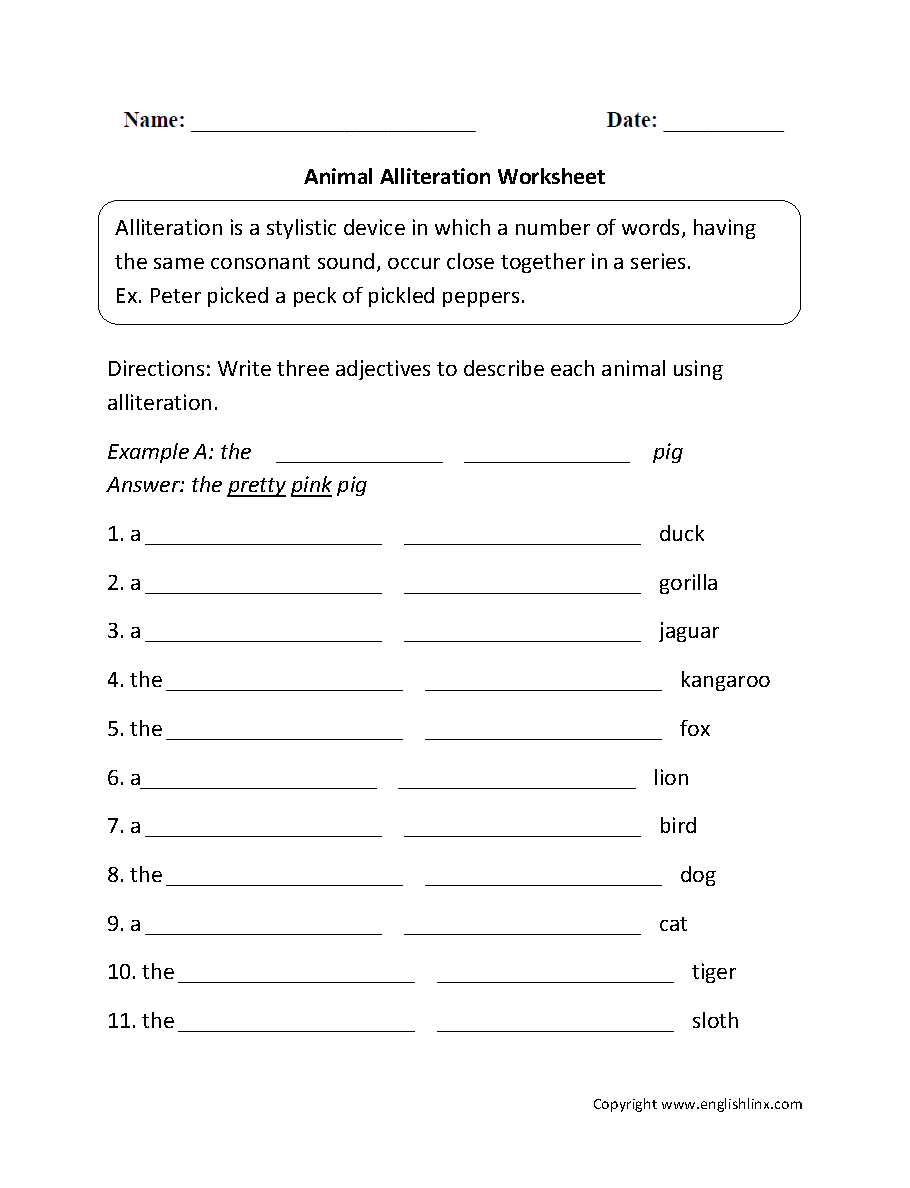 Alliteration Figurative Language Worksheets
