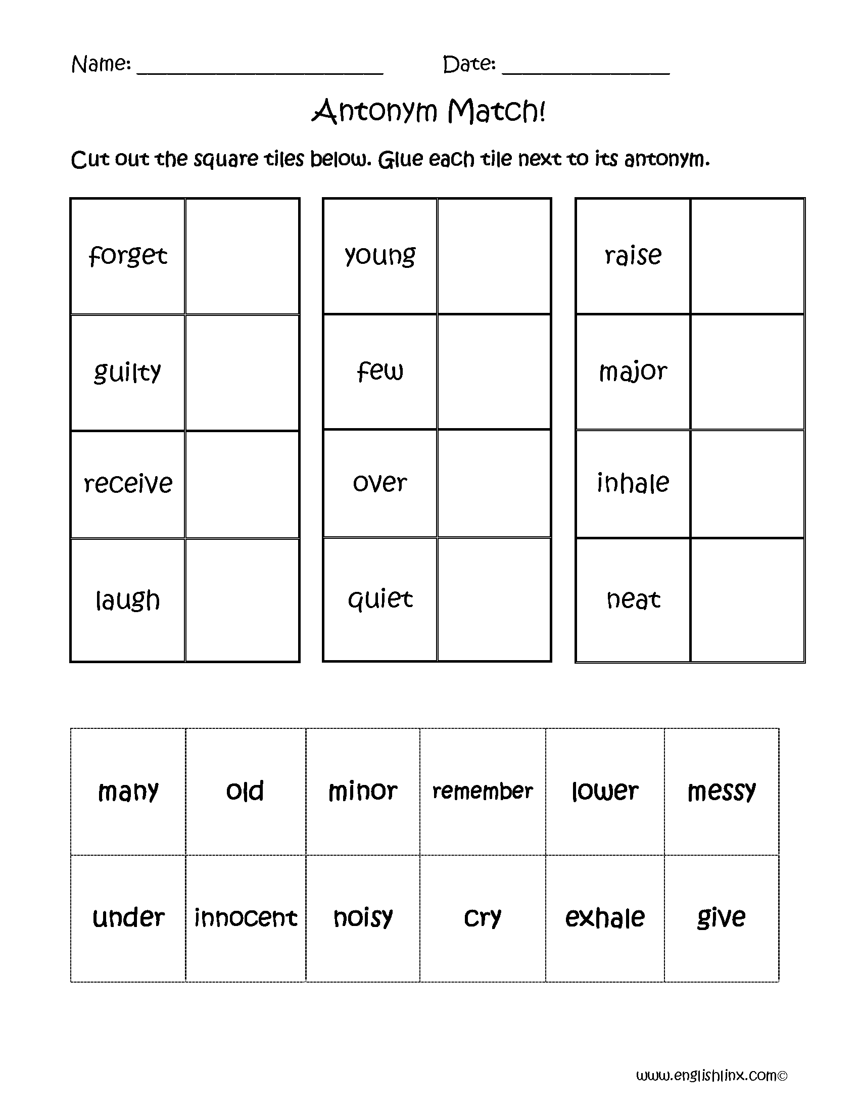 Antonyms Match Worksheets