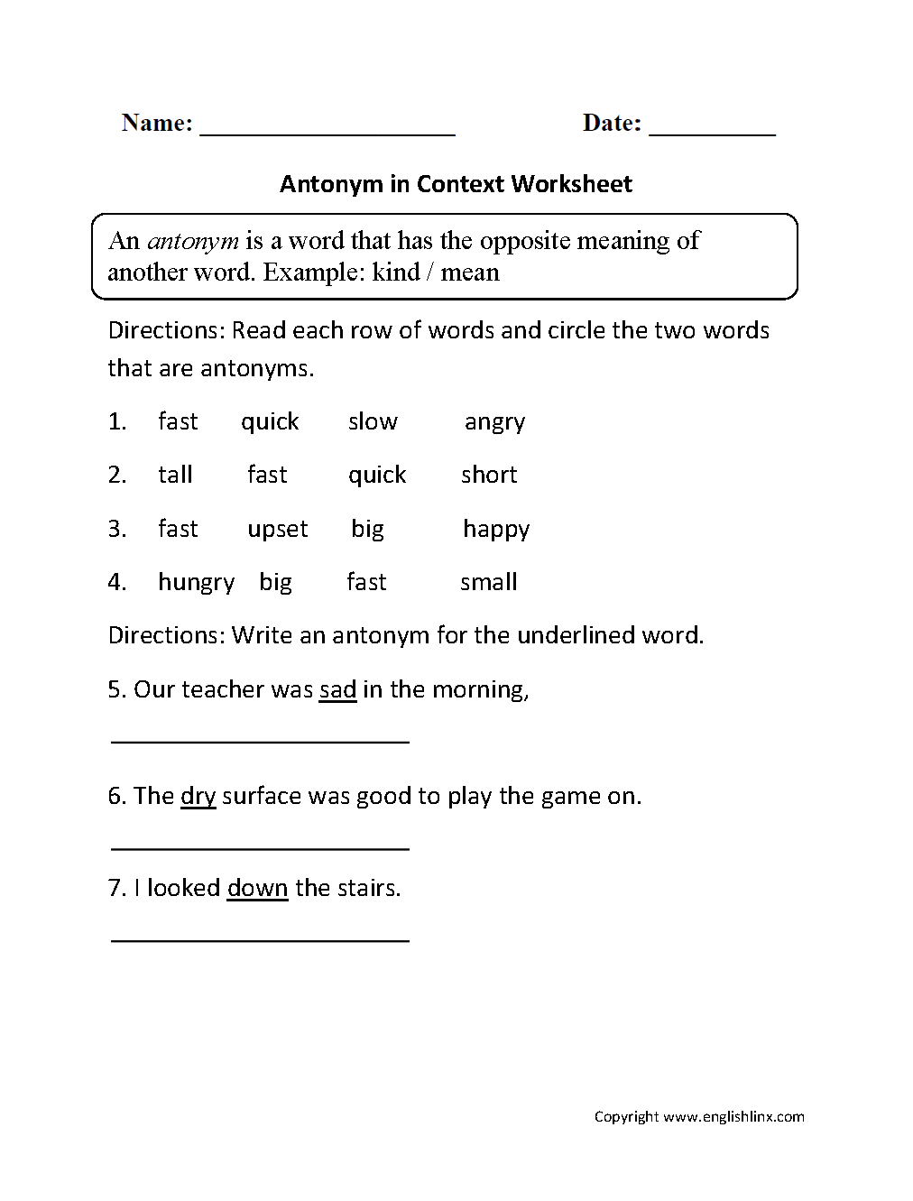 Antonyms in Context Worksheet