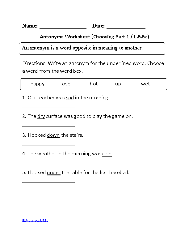 Antonyms Choosing ELA-Literacy.L.5.5c Language Worksheet