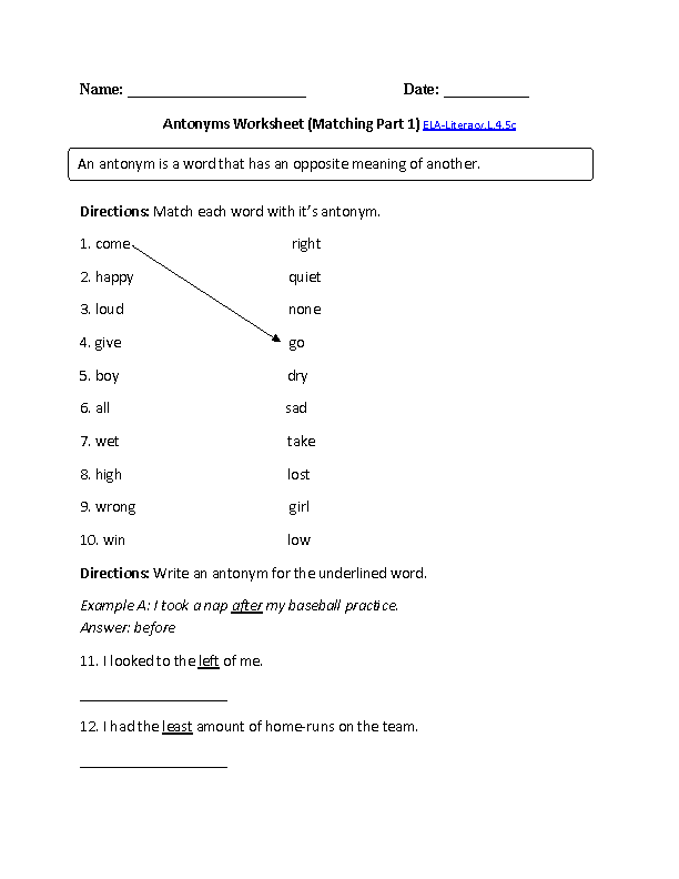 Antonyms Worksheet 1 ELA-Literacy.L.4.5c Language Worksheet