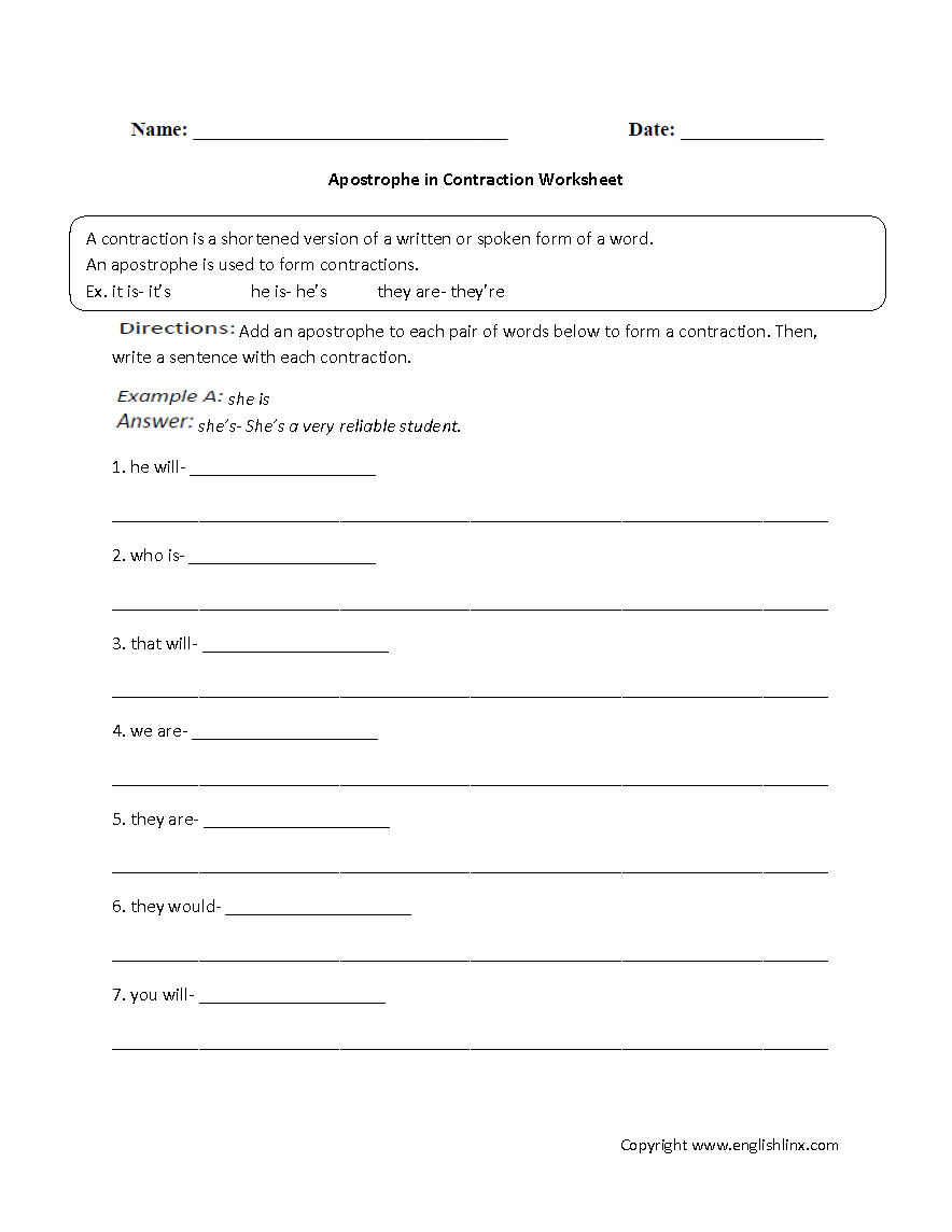 Apostrophe in Contraction Worksheets