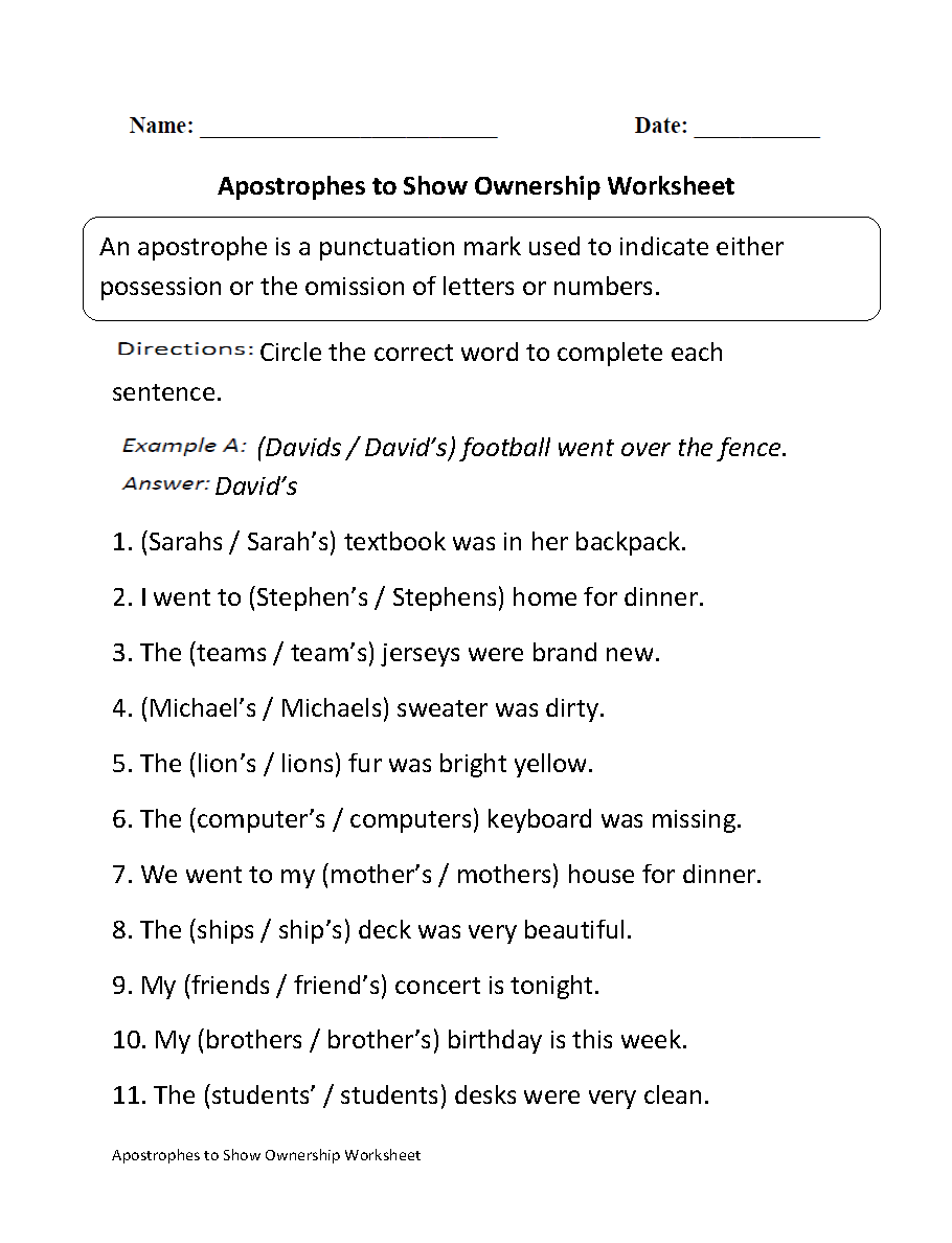 Apostrophes to Show Ownership Worksheet