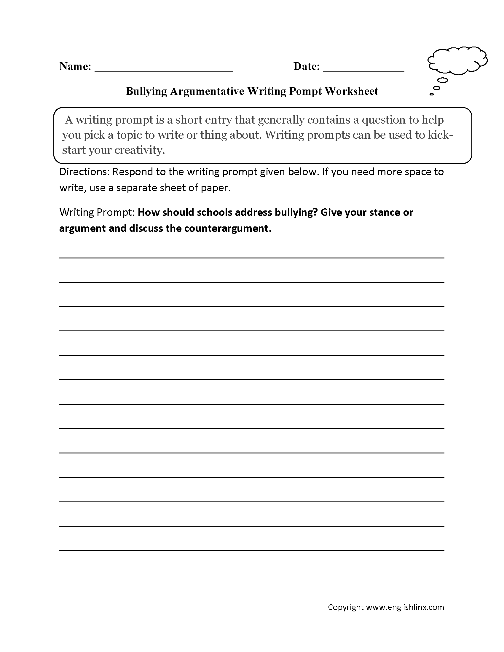 School Bullying Argumentative Writing Prompt Worksheet