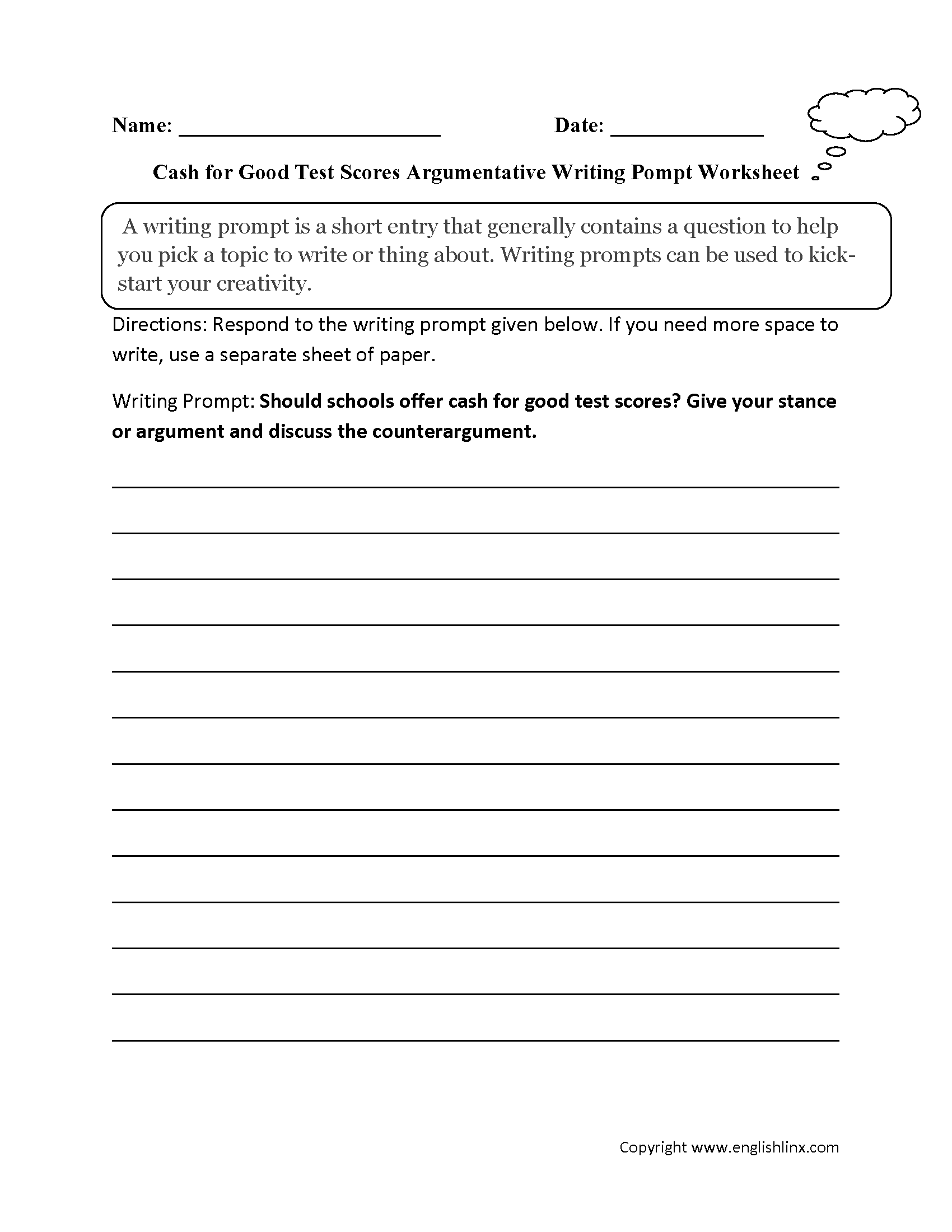 Cash Test Scores Argumentative Writing Prompt Worksheet