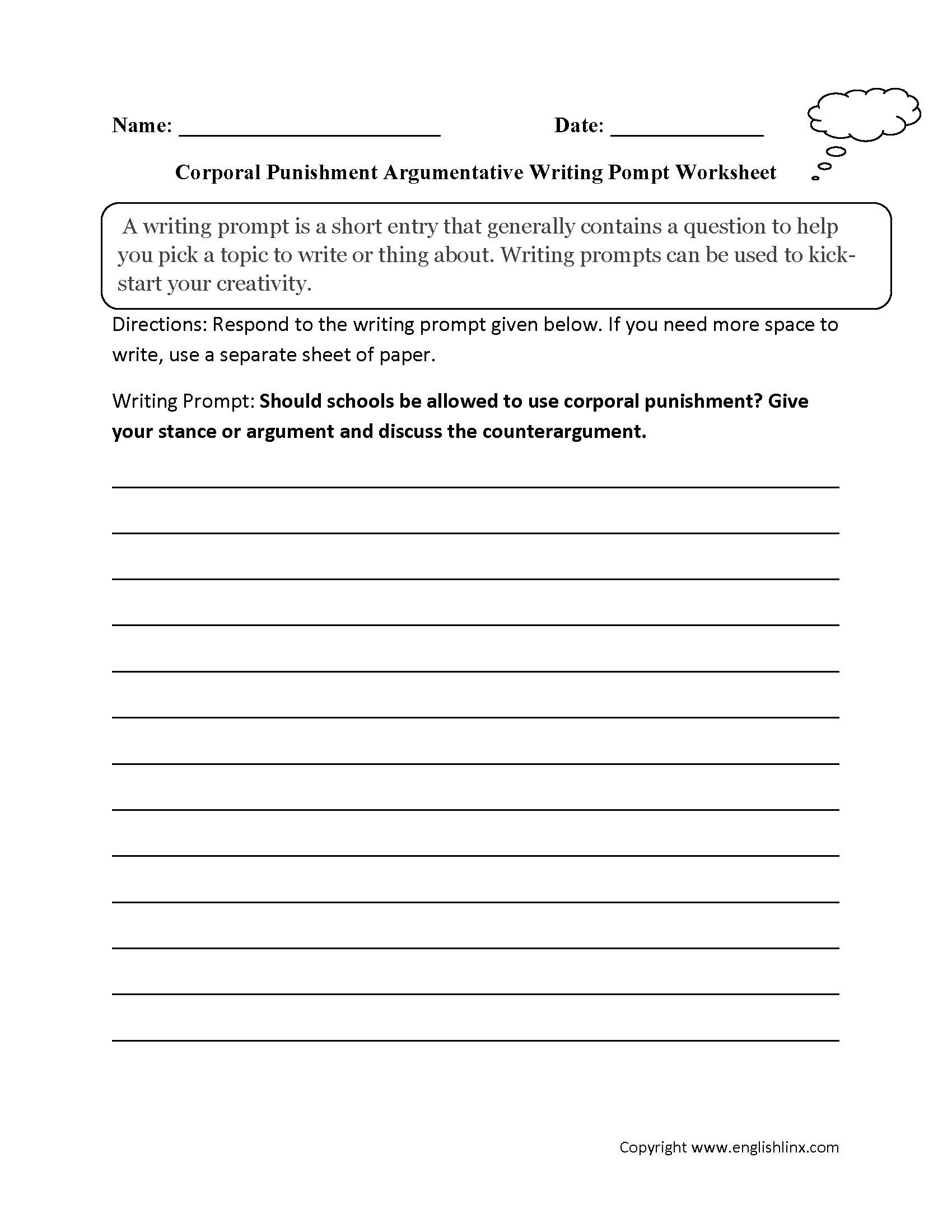 School Punishment Argumentative Writing Prompt Worksheet