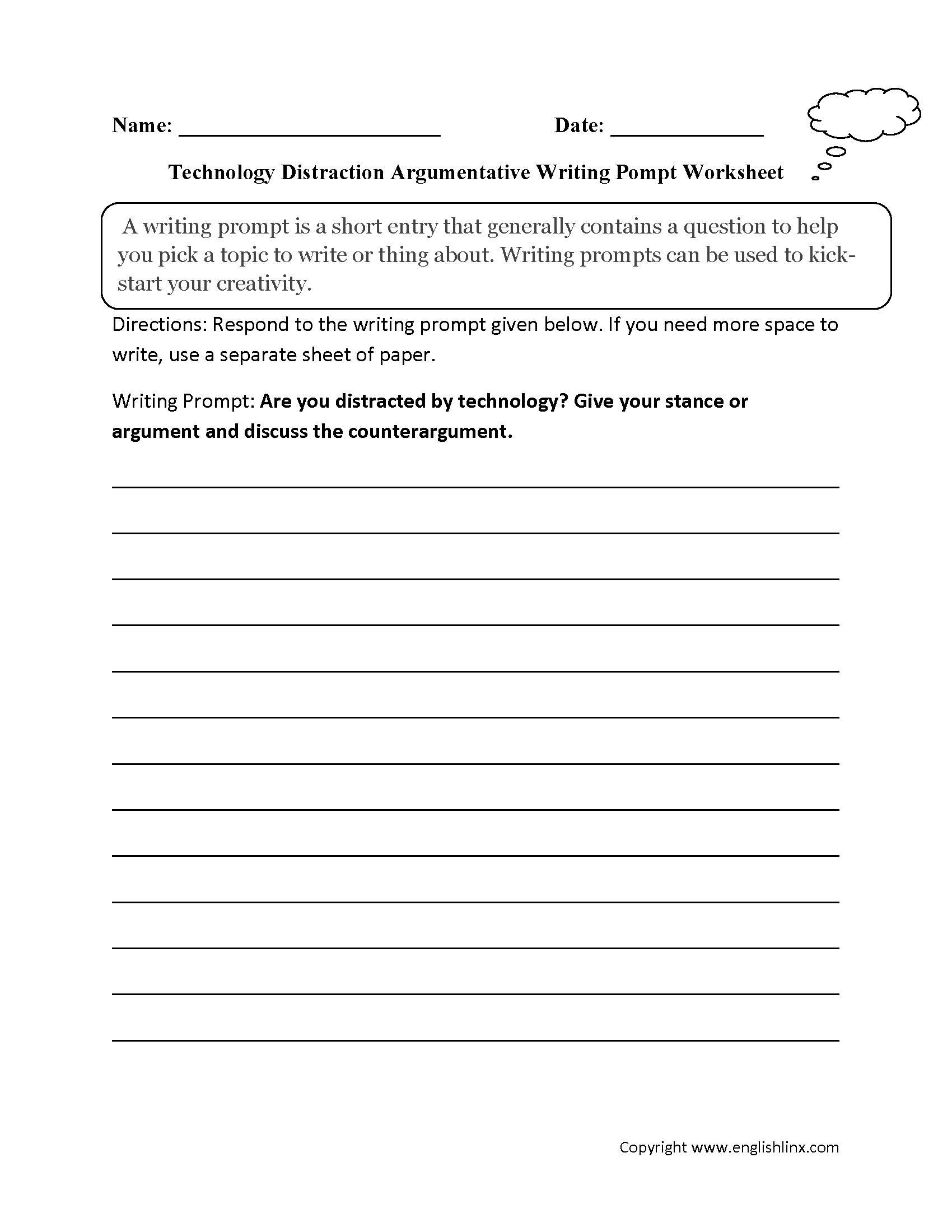 Technology in School Argumentative Writing Prompt Worksheet