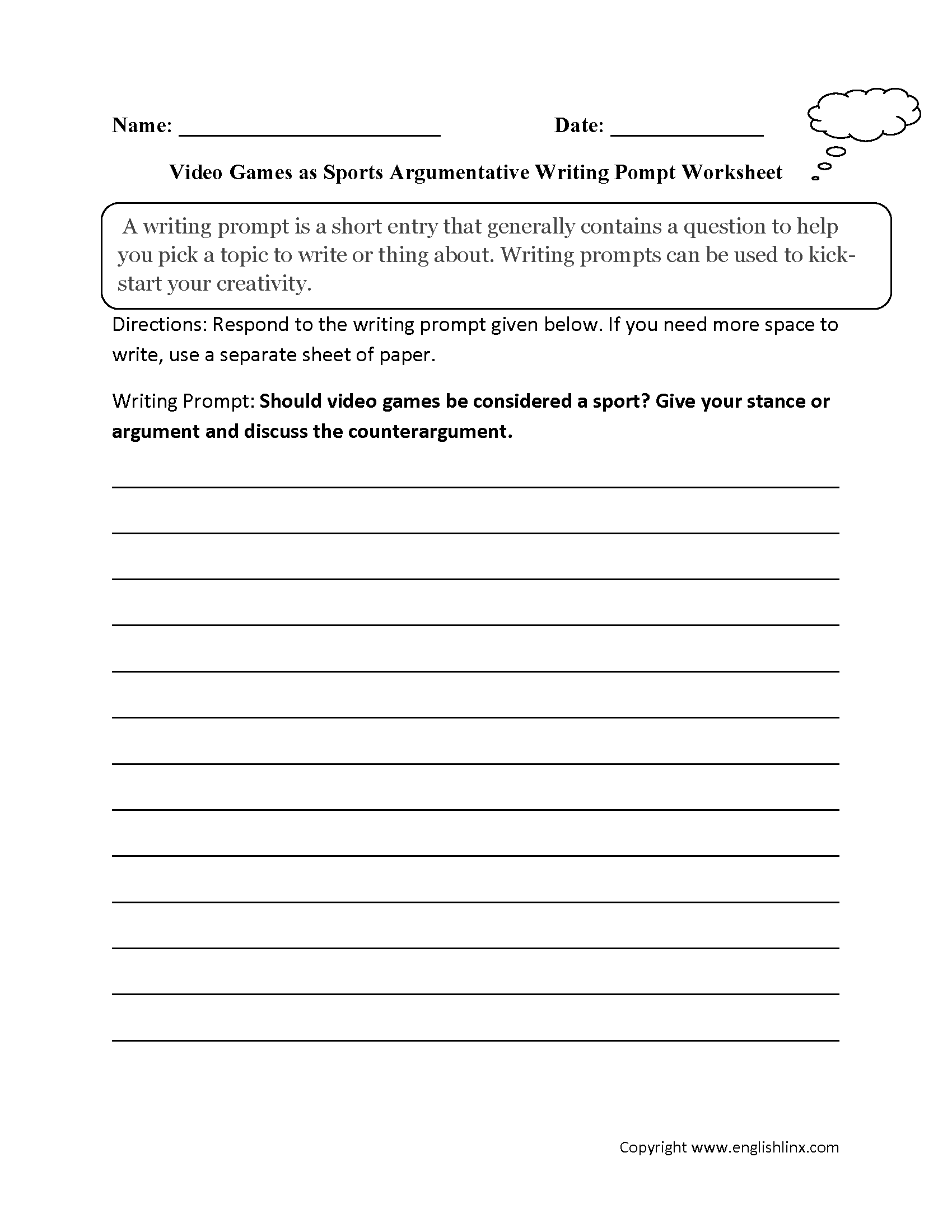 Video Games as Sports Argumentative Writing Prompt Worksheet