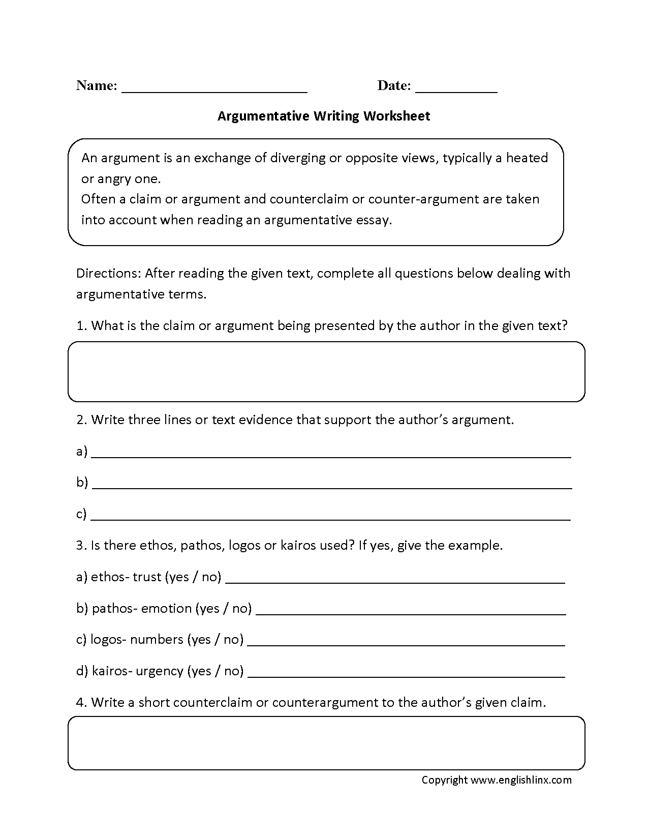 Argumentative Writing Worksheets