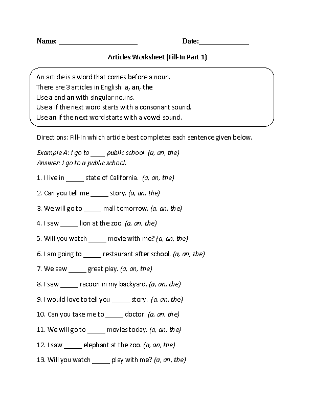 Fill-In Articles Worksheet