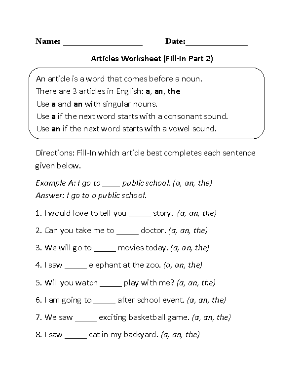 Fill-In Articles Worksheet Part 2