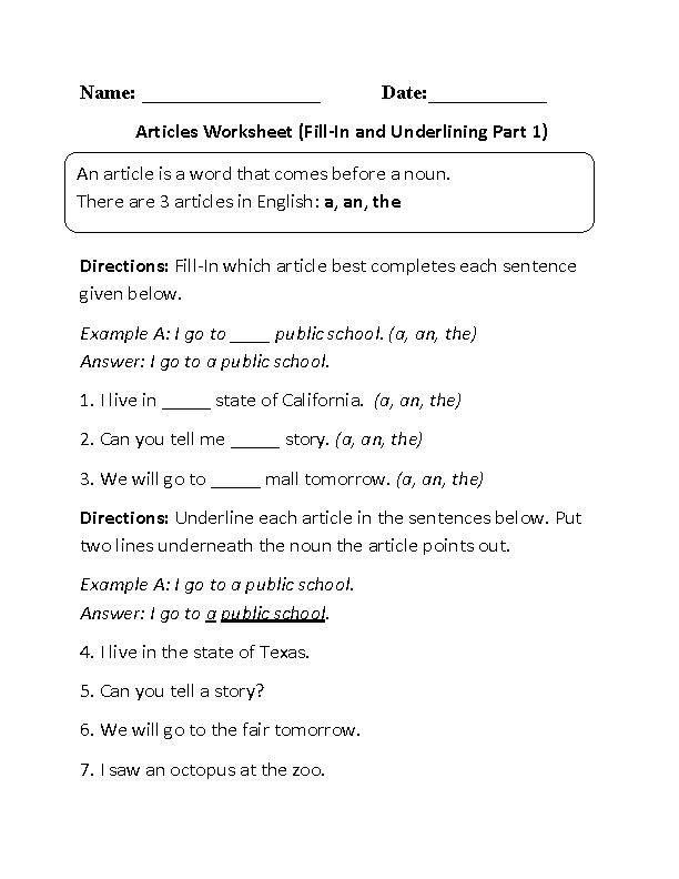 Fill-In and Underlining Article Worksheet