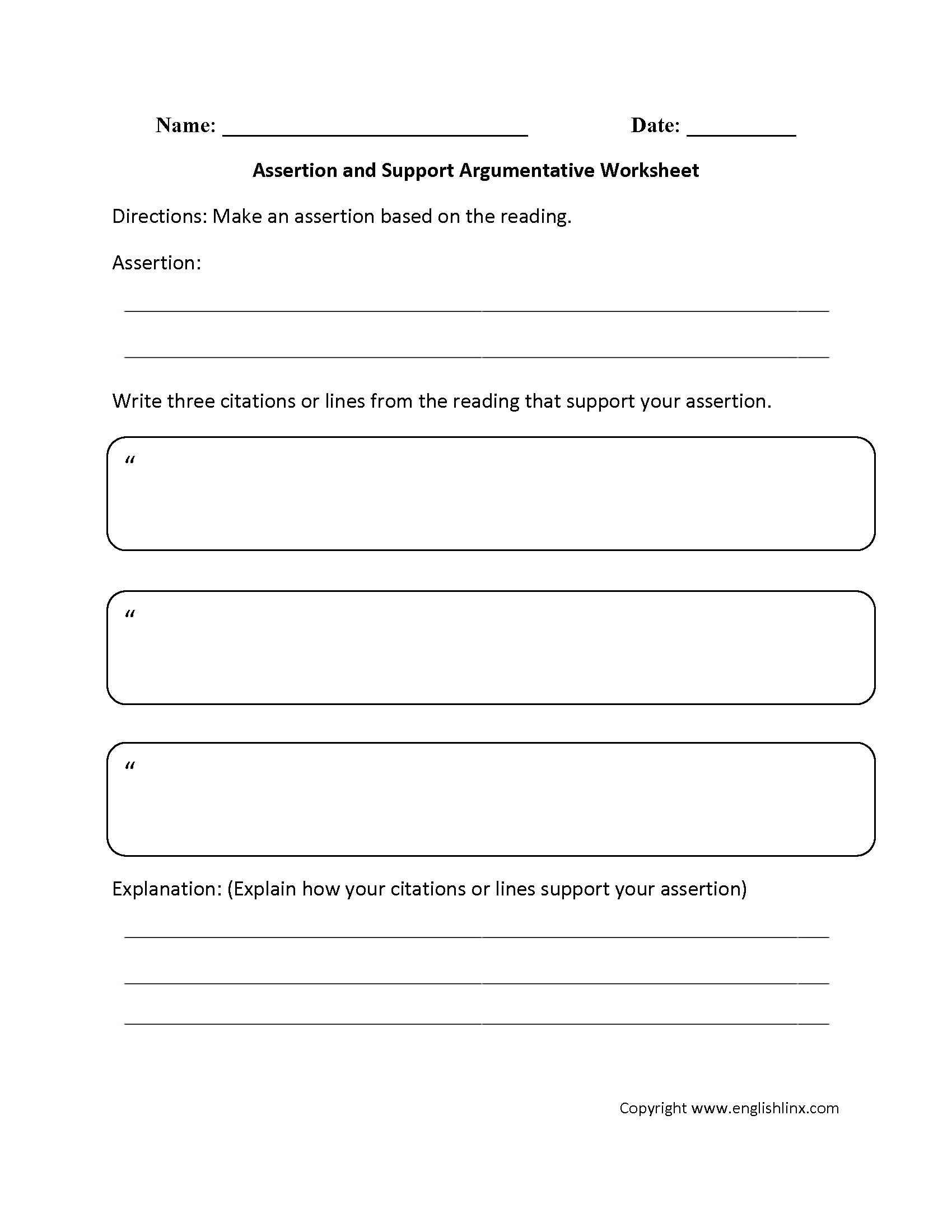 Assertion Argumentative Worksheets