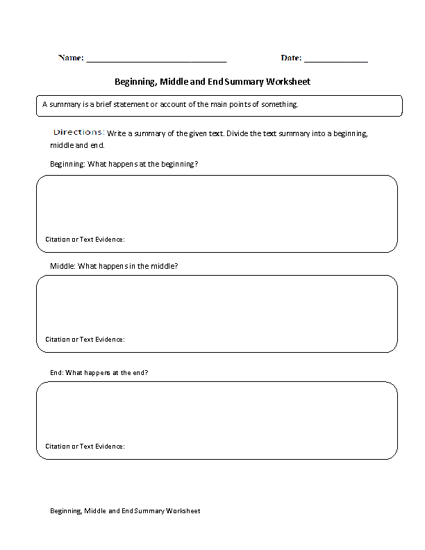 Beginning, Middle and End Summary Worksheet