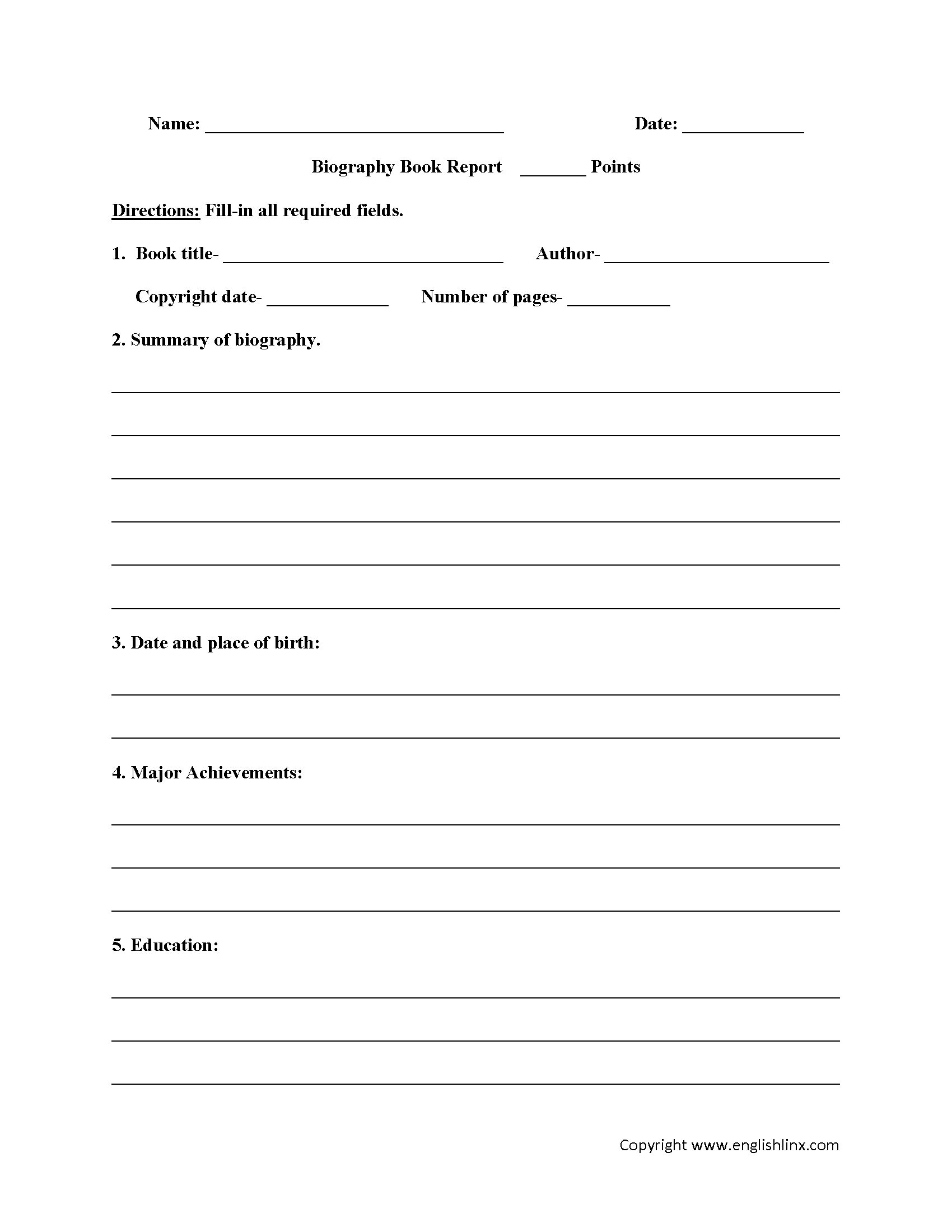 Book report forms for 6th graders