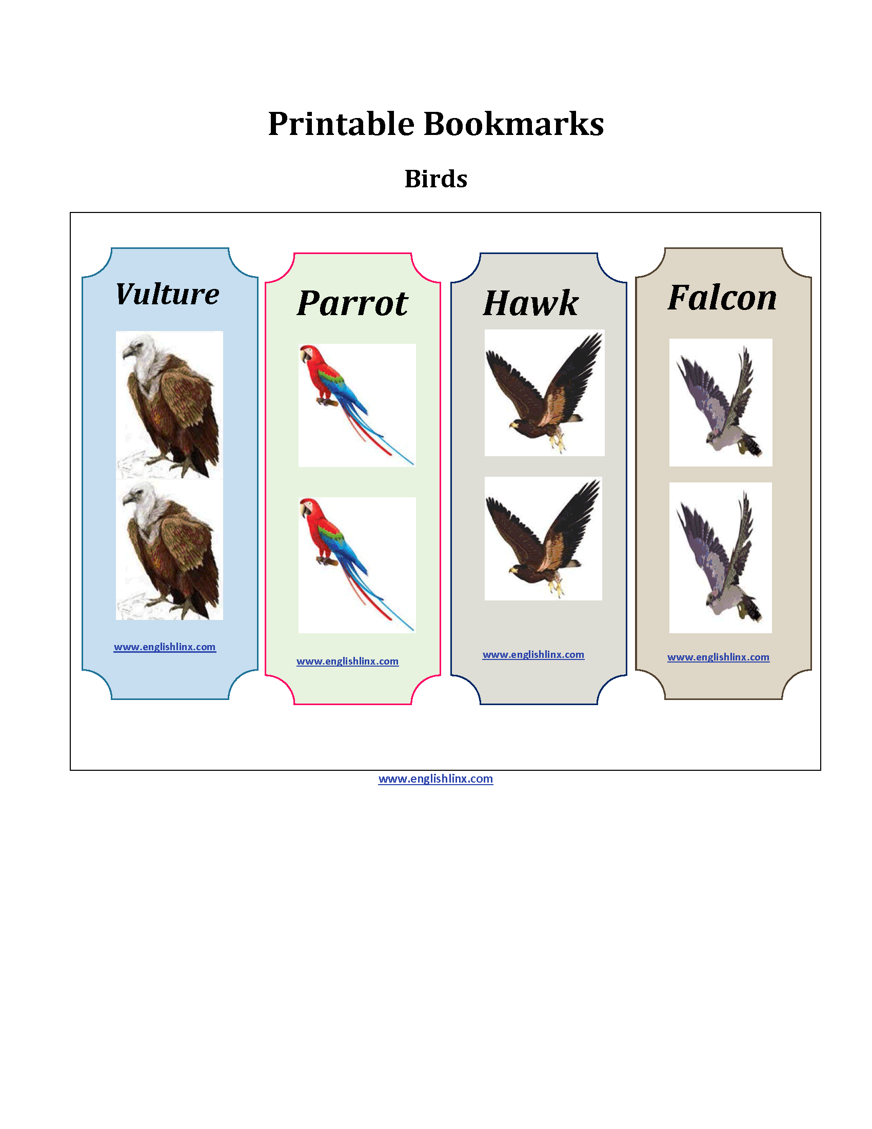 Birds Printable Bookmarks Worksheets