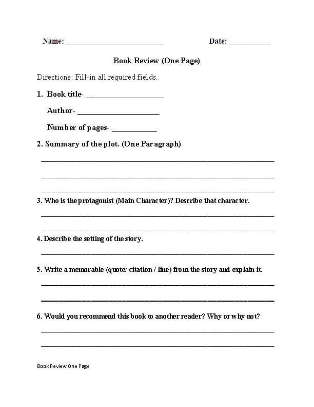 Book Report Worksheets | One Page Book Review Worksheet