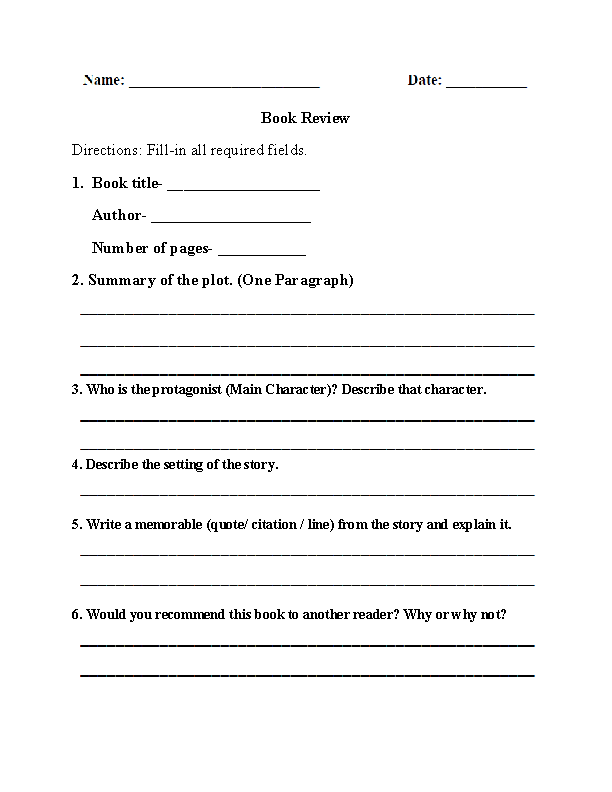 Book Review Book Report Worksheet