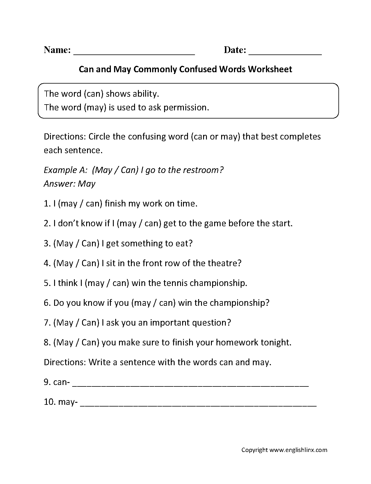 Can and May Commonly Confused Words Worksheets