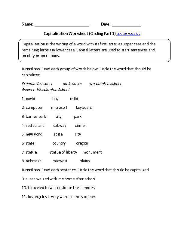 Capitalization Worksheet 1 ELA-Literacy.L.6.2 Language Worksheet