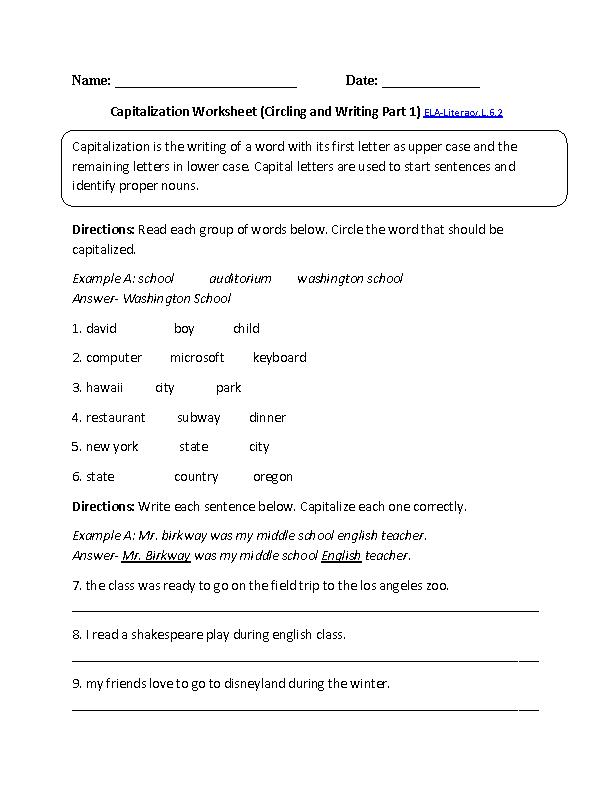 Capitalization Worksheet 2 ELA-Literacy.L.6.2 Language Worksheet