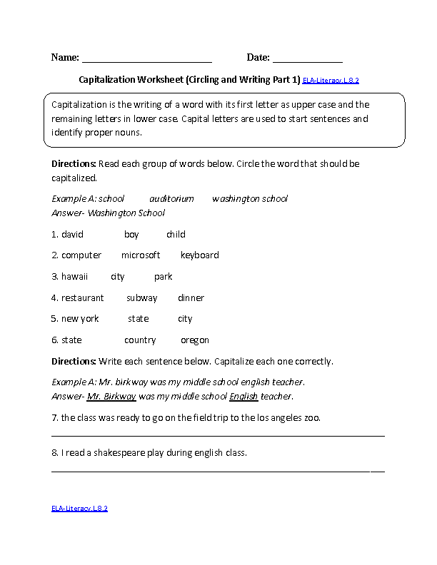 Capitalization Worksheet 2 ELA-Literacy.L.8.2 Language Worksheet