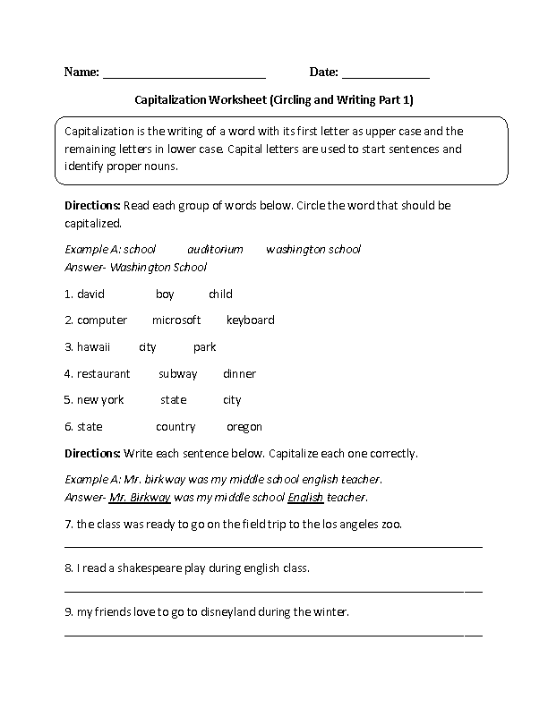 Learning Capitalization Worksheet