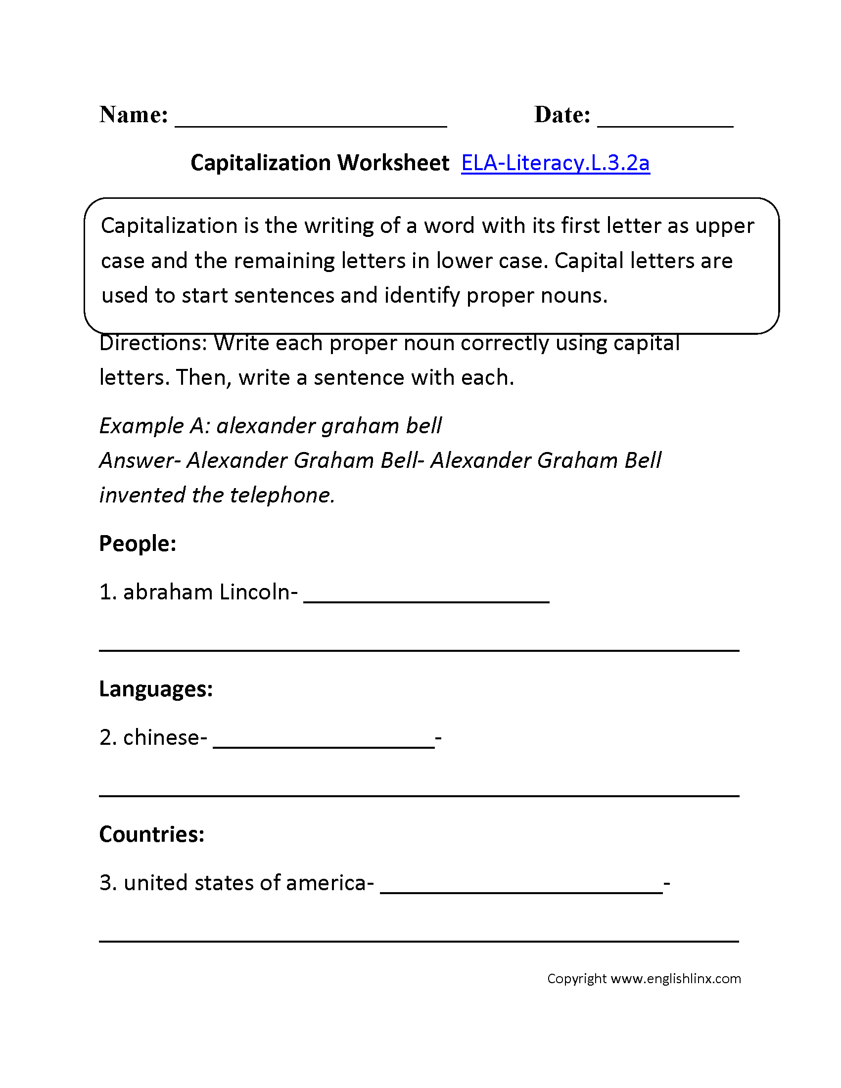 Capitalization Worksheet 1 ELA-Literacy.L.3.2a Language Worksheet