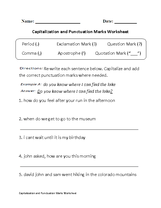 Capitalizaton Punctuation Marks Worksheet