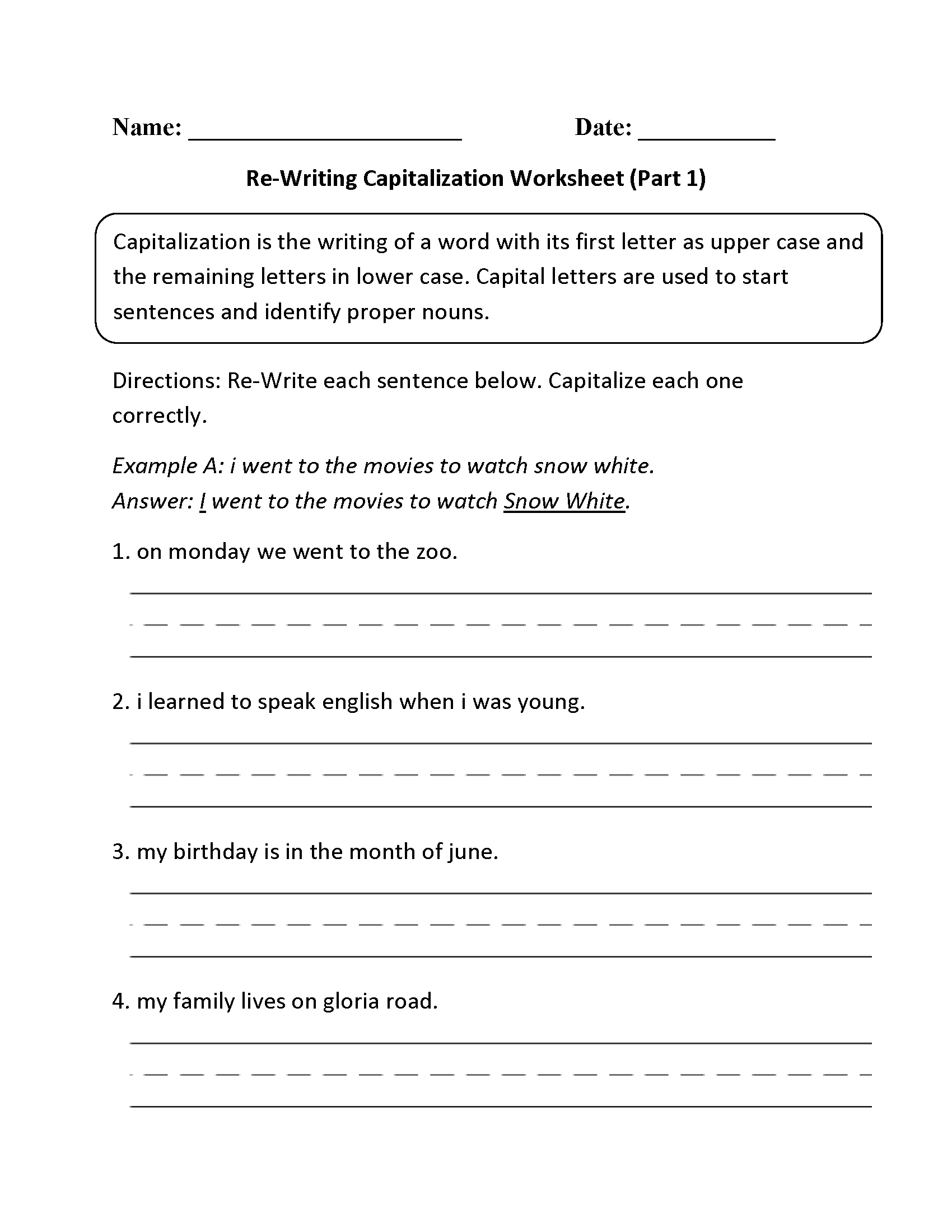 Re-Writing Capitalization Worksheet Part 1