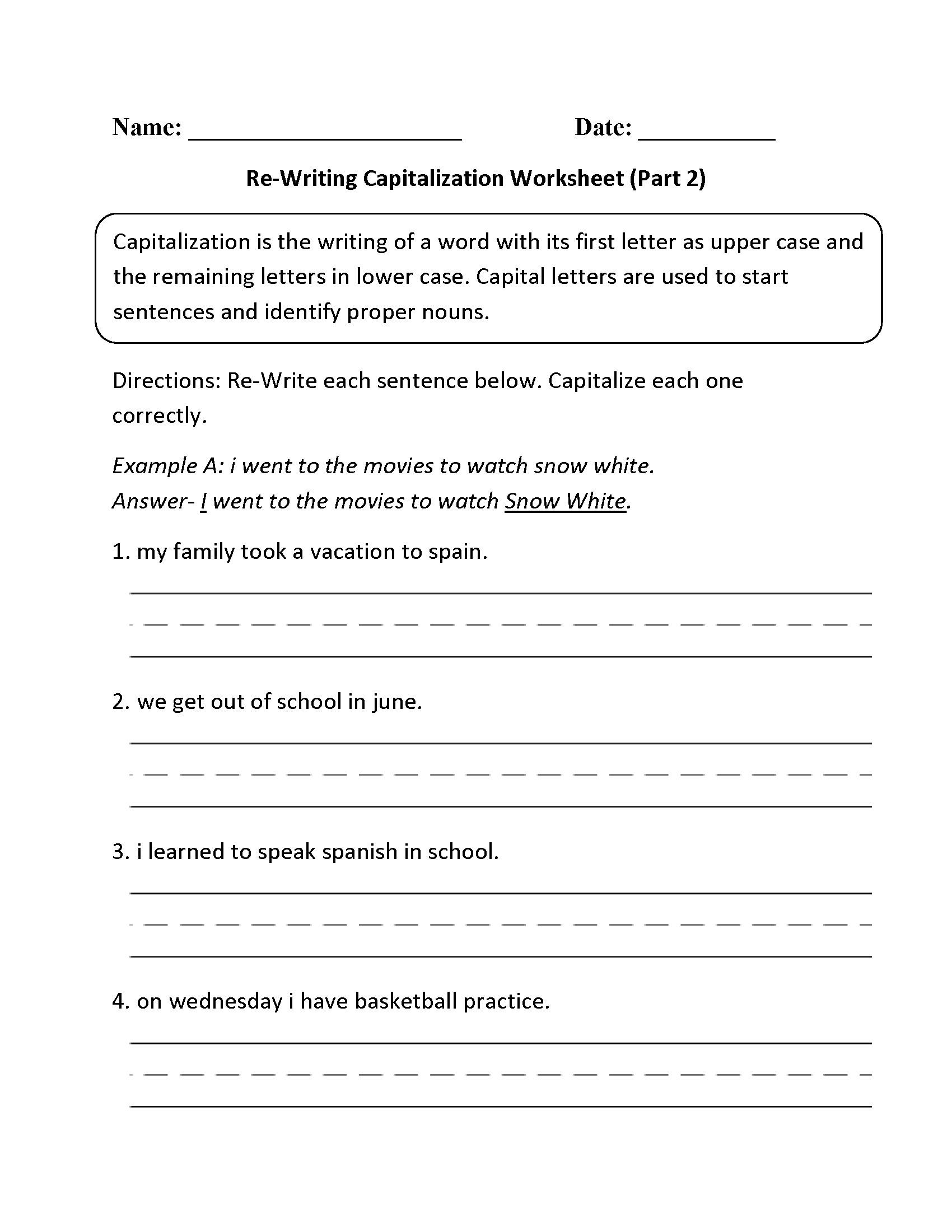 Re-Writing Capitalization Worksheet Part 2