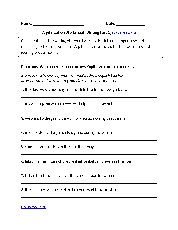 Capitalization Worksheet 2 ELA-Literacy.L.4.2a Language Worksheet